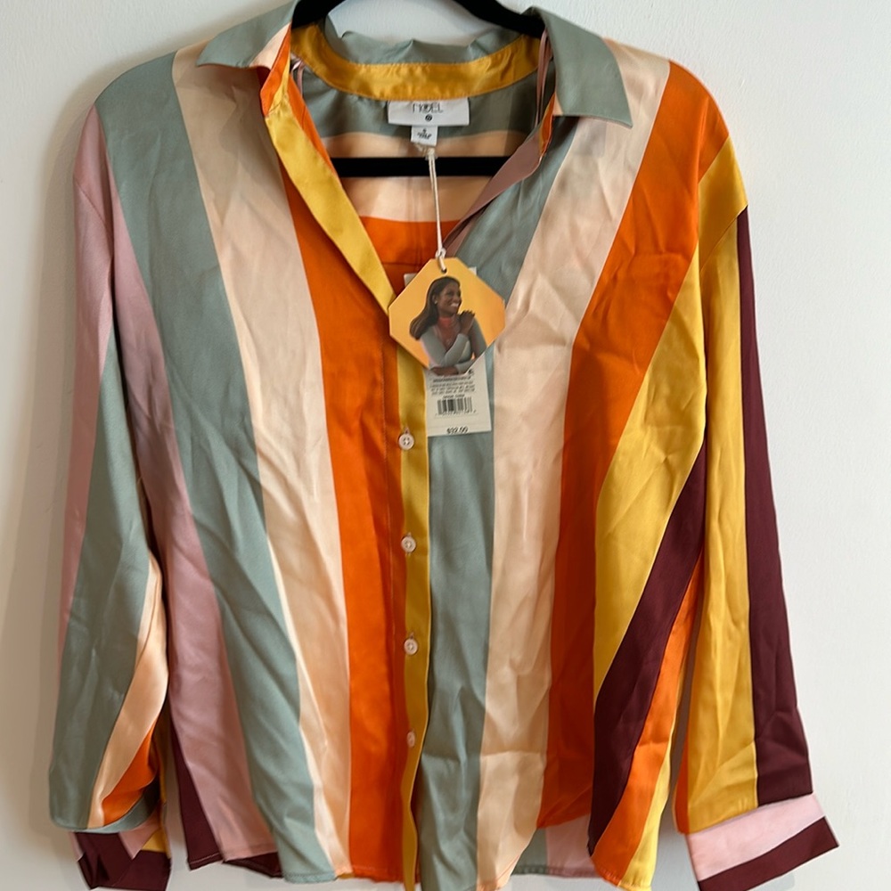 Women's Mixed Vertical Stripe Print Long Sleeve Button Down Shirt - Fe Noel